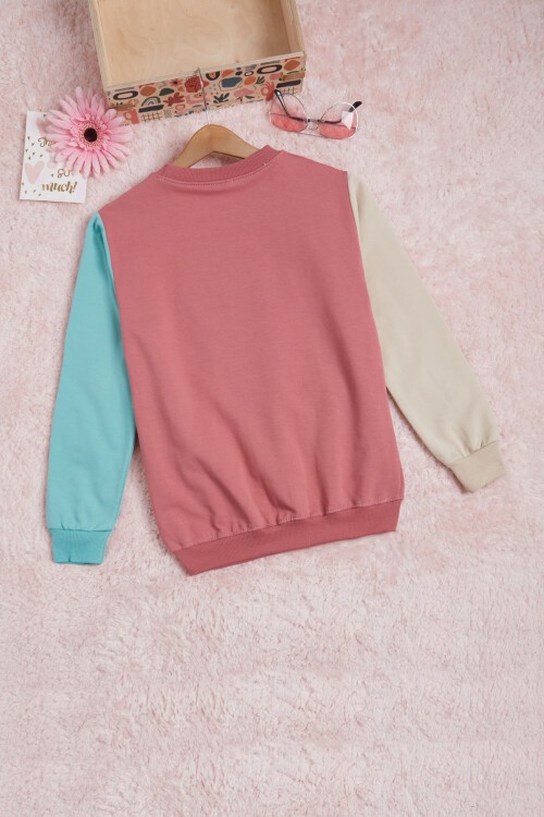 Gül Kurusu Kolları Renkli Yazı Baskılı Kız Çocuk Sweatshirt 16284