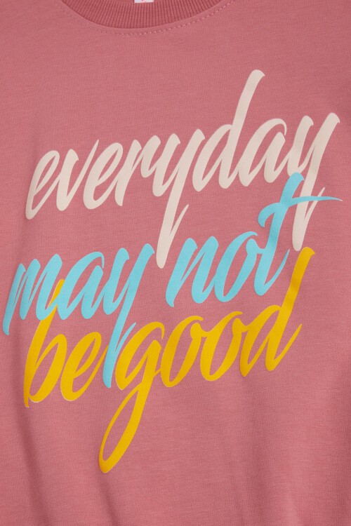 Gül Kurusu Kolları Renkli Yazı Baskılı Kız Çocuk Sweatshirt 16284