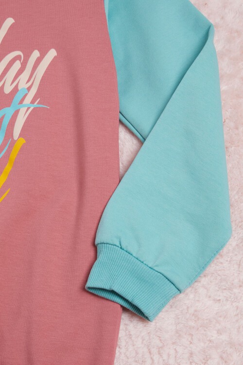 Gül Kurusu Kolları Renkli Yazı Baskılı Kız Çocuk Sweatshirt 16284