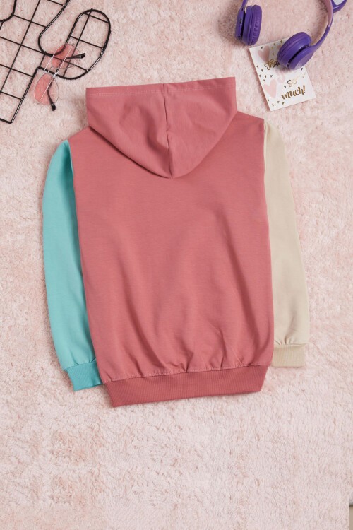 Gül Kurusu Yazı Baskı Renkli Kollu Kapüşonlu Kız Çocuk Sweatshirt 16299