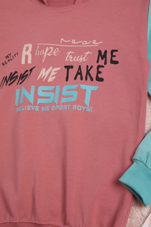 Gül Kurusu Yazı Baskı Renkli Kollu Kapüşonlu Kız Çocuk Sweatshirt 16299