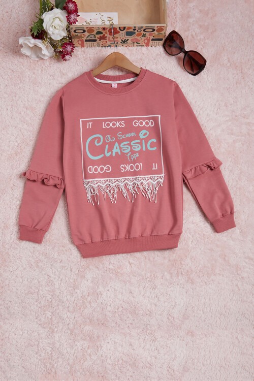 Gül Kurusu Yazı Baskılı Püsküllü Kız Çocuk Sweatshirt 16314