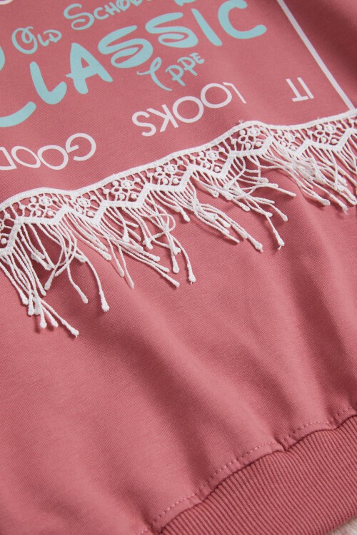 Gül Kurusu Yazı Baskılı Püsküllü Kız Çocuk Sweatshirt 16314