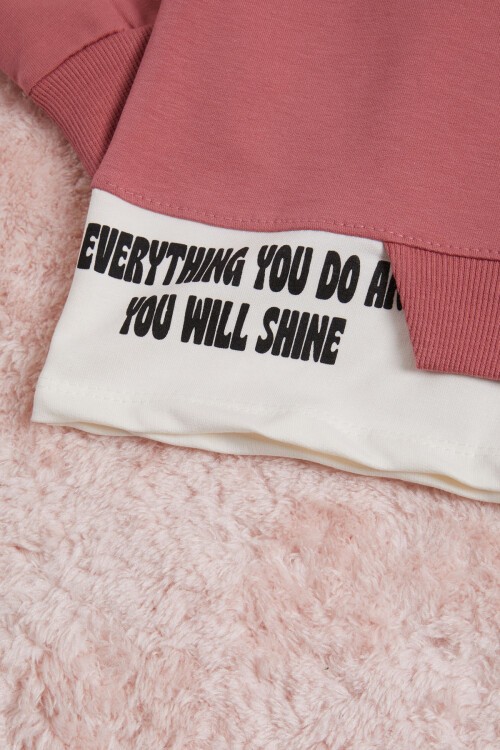 Gül Kurusu Yazı Baskılı Şeritli Kız Çocuk Sweatshirt 16291