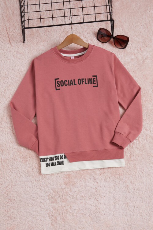 Gül Kurusu Yazı Baskılı Şeritli Kız Çocuk Sweatshirt 16291