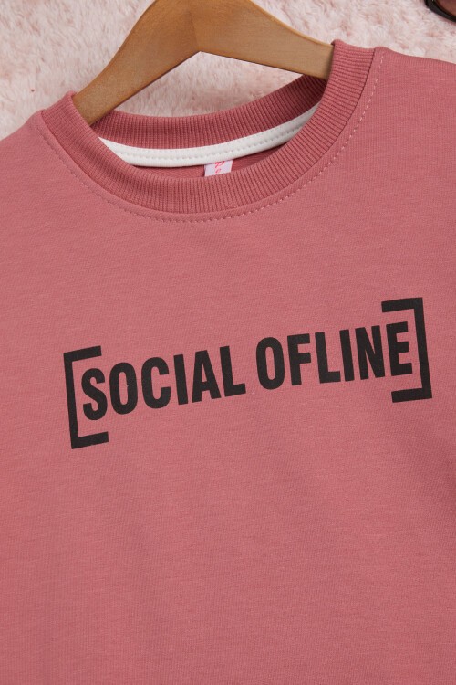 Gül Kurusu Yazı Baskılı Şeritli Kız Çocuk Sweatshirt 16291