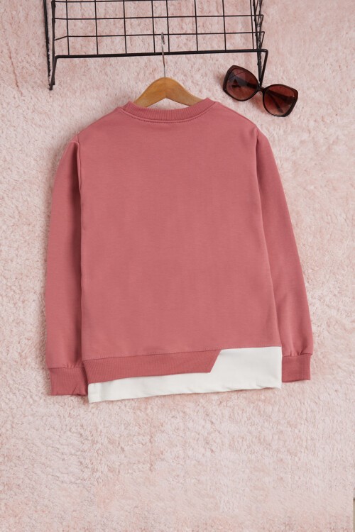 Gül Kurusu Yazı Baskılı Şeritli Kız Çocuk Sweatshirt 16291