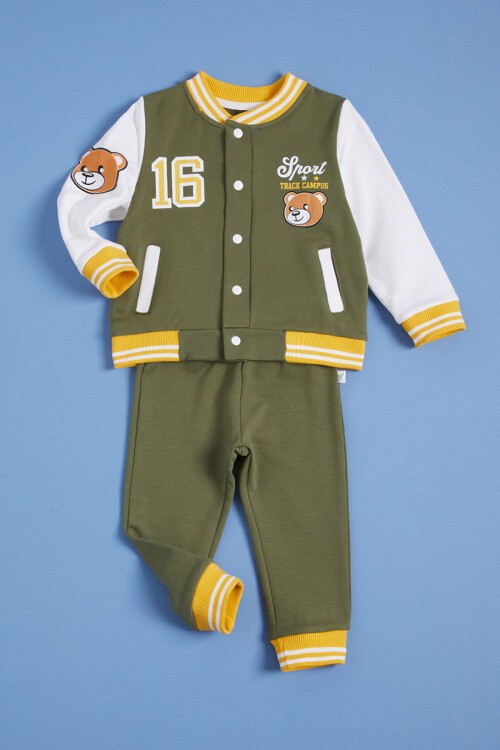 Haki Ayıcık Baskılı Kolej Ceketli Erkek Bebek Takım 16182