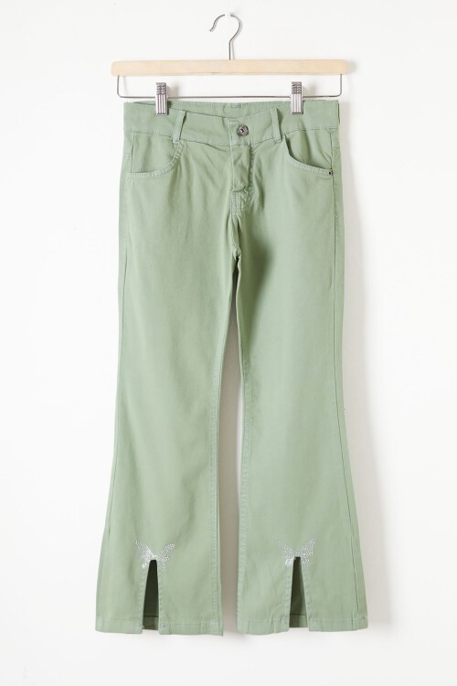 Haki İspanyol Paça Yırtmaçlı Kelebek İşlemeli Kız Pantolon 16216