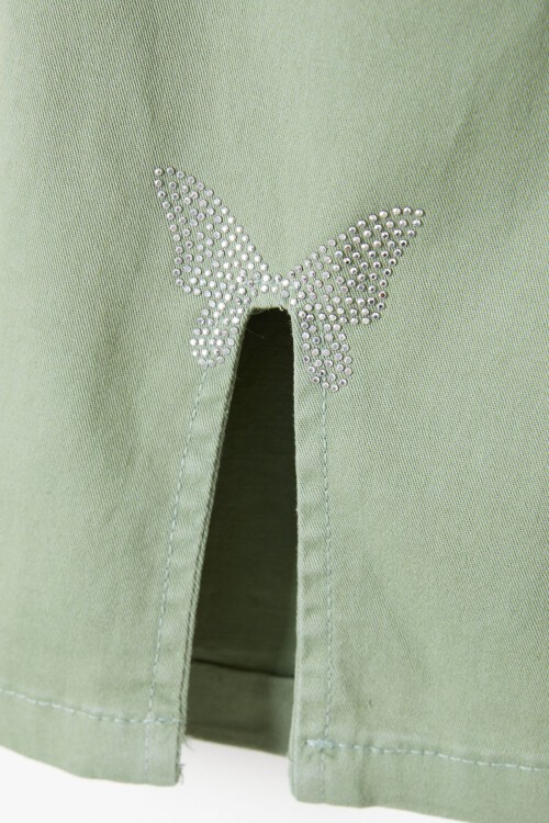 Haki İspanyol Paça Yırtmaçlı Kelebek İşlemeli Kız Pantolon 16216