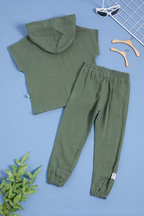 Haki Kapüşonlu Erkek Çocuk Yazlık Eşofman Takımı 15534