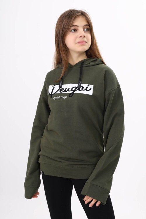Haki Yazı Nakışlı Kapüşonlu Kız Çocuk Sweatshirt 16441
