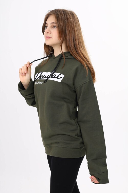 Haki Yazı Nakışlı Kapüşonlu Kız Çocuk Sweatshirt 16441