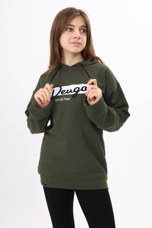 Haki Yazı Nakışlı Kapüşonlu Kız Çocuk Sweatshirt 16441