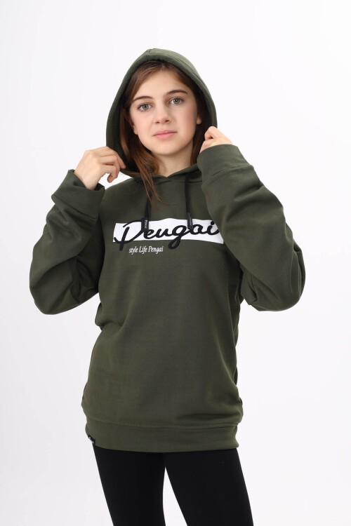 Haki Yazı Nakışlı Kapüşonlu Kız Çocuk Sweatshirt 16441