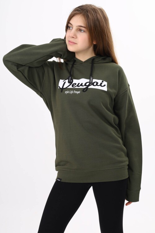 Haki Yazı Nakışlı Kapüşonlu Kız Çocuk Sweatshirt 16441
