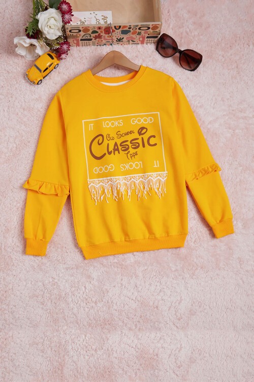 Hardal Yazı Baskılı Püsküllü Kız Çocuk Sweatshirt 16309