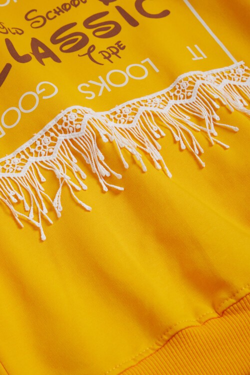 Hardal Yazı Baskılı Püsküllü Kız Çocuk Sweatshirt 16309