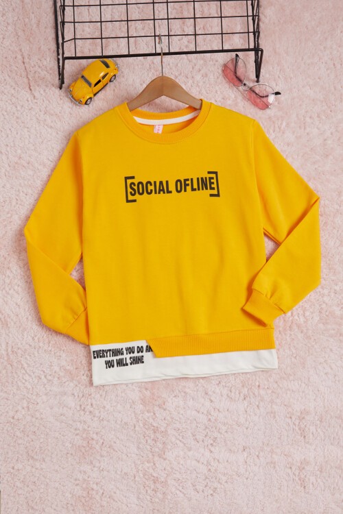 Hardal Yazı Baskılı Şeritli Kız Çocuk Sweatshirt 16288