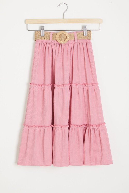 Hasır Kemerli Pembe Kız Çocuk Uzun Kesim Etek 15509