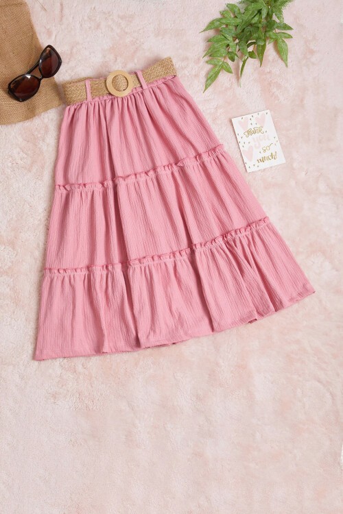 Hasır Kemerli Pembe Kız Çocuk Uzun Kesim Etek 15509