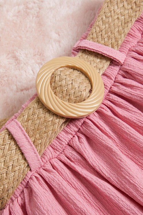 Hasır Kemerli Pembe Kız Çocuk Uzun Kesim Etek 15509