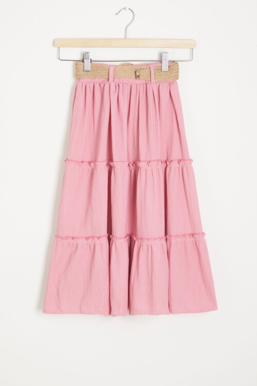 Hasır Kemerli Pembe Kız Çocuk Uzun Kesim Etek 15509