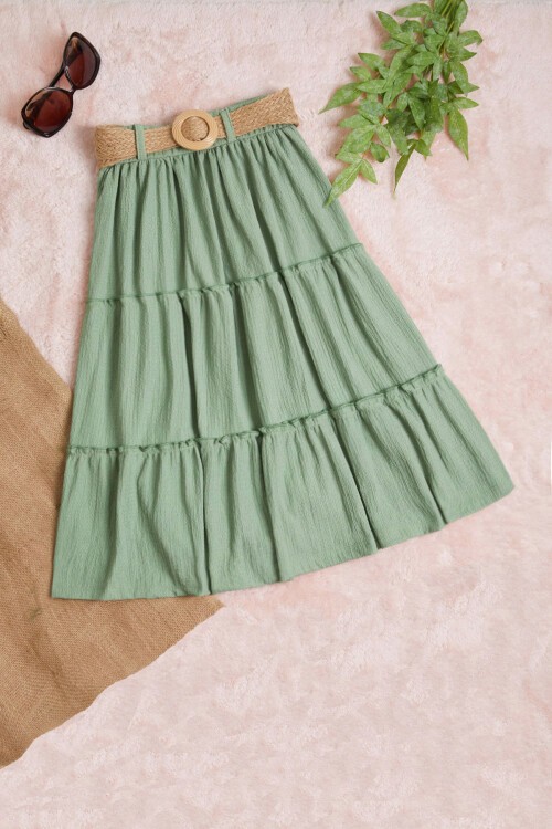 Hasır Kemerli Yeşil Kız Çocuk Uzun Kesim Etek 15508