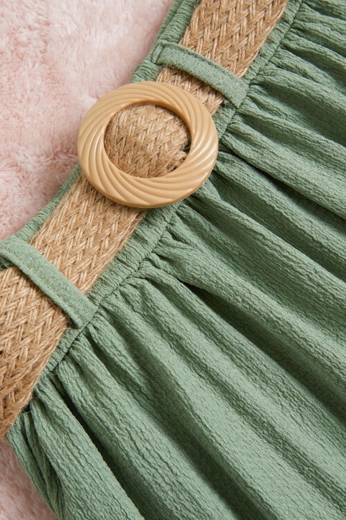 Hasır Kemerli Yeşil Kız Çocuk Uzun Kesim Etek 15508