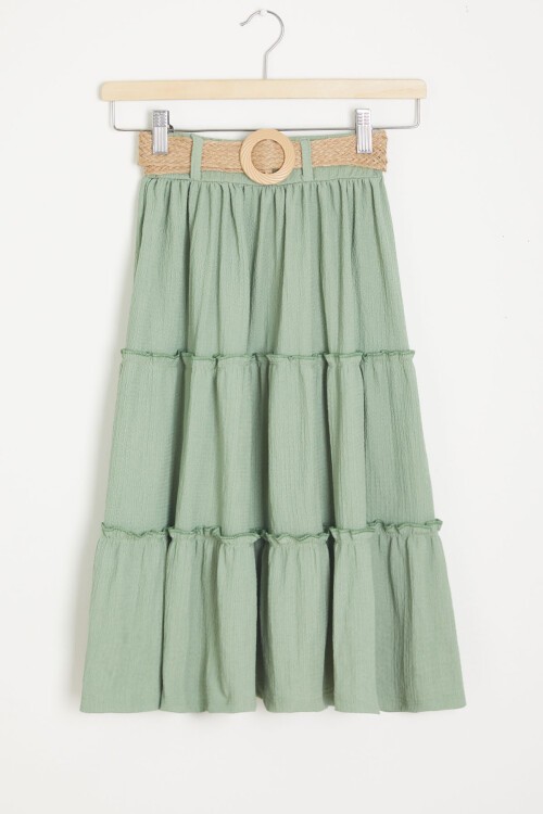 Hasır Kemerli Yeşil Kız Çocuk Uzun Kesim Etek 15508