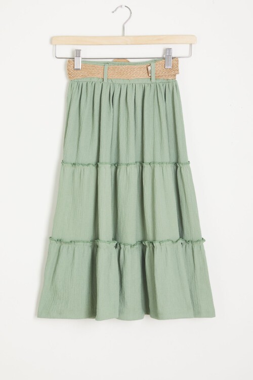 Hasır Kemerli Yeşil Kız Çocuk Uzun Kesim Etek 15508