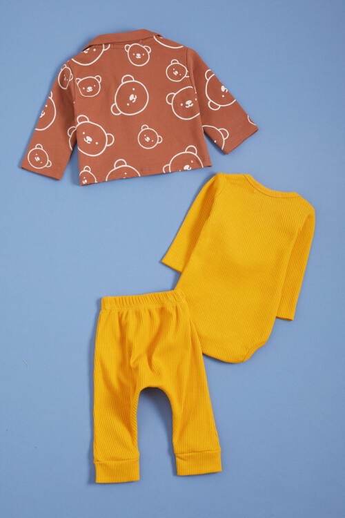 Kahve Ayıcıklı Çıtçıtlı Badili 3lü Erkek Bebek Takım 15688
