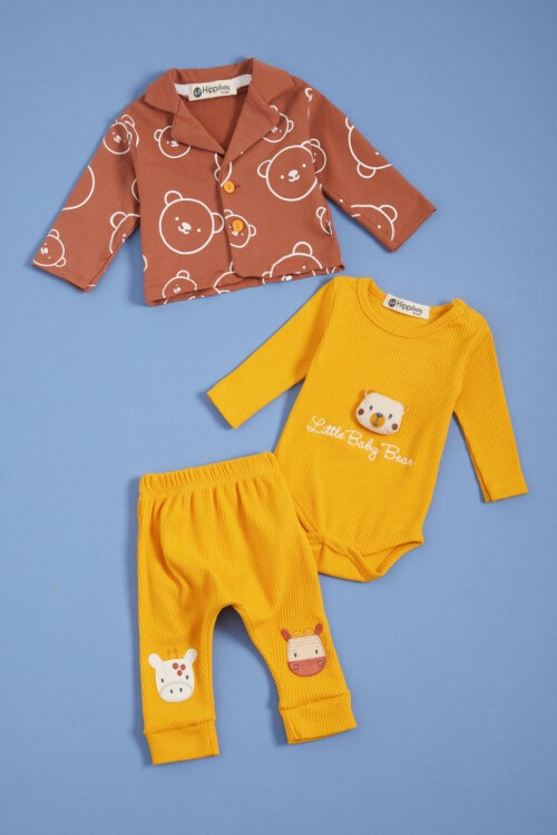 Kahve Ayıcıklı Çıtçıtlı Badili 3lü Erkek Bebek Takım 15688