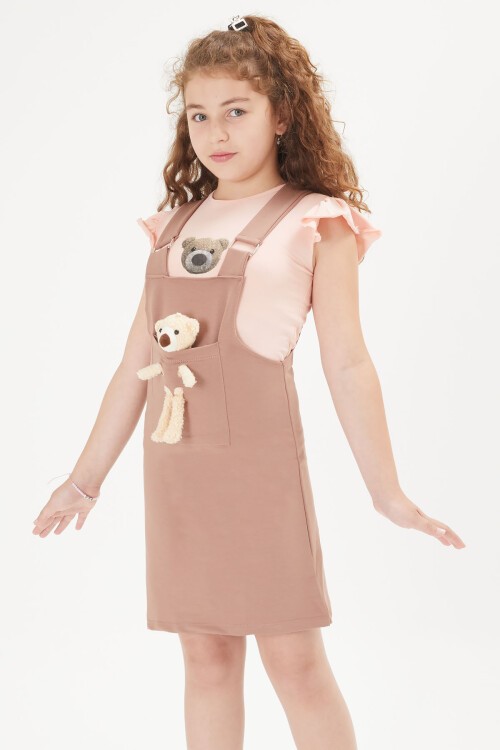 Kahve Ayıcıklı Kız Çocuk Salopet Takım 16044