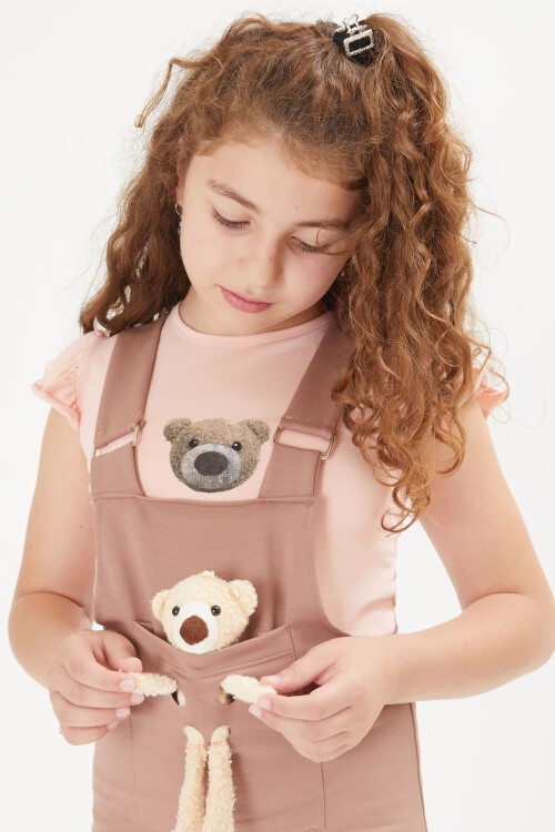 Kahve Ayıcıklı Kız Çocuk Salopet Takım 16044