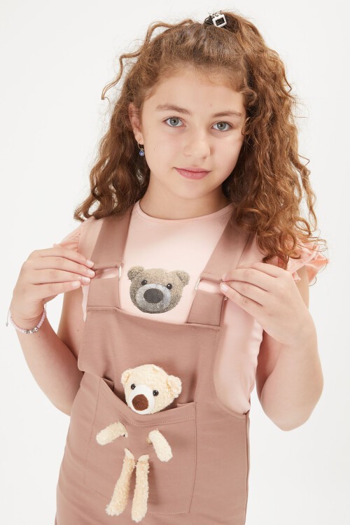 Kahve Ayıcıklı Kız Çocuk Salopet Takım 16044