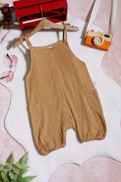 Kahverengi Çıtçıtlı Yazlık Kız Müslin Tulum 15427