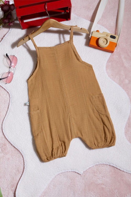 Kahverengi Çıtçıtlı Yazlık Kız Müslin Tulum 15427