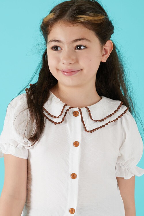 Kahverengi Dantel İşlemeli Deri Şortlu Bluzlu Kız Takım 15588