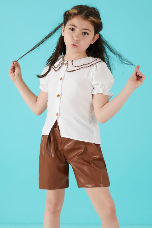 Kahverengi Dantel İşlemeli Deri Şortlu Bluzlu Kız Takım 15588