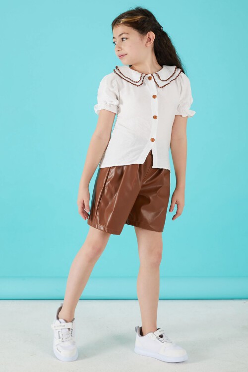 Kahverengi Dantel İşlemeli Deri Şortlu Bluzlu Kız Takım 15588