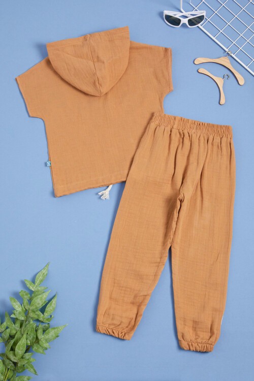 Kahverengi Kapüşonlu Erkek Çocuk Yazlık Eşofman Takımı 15532