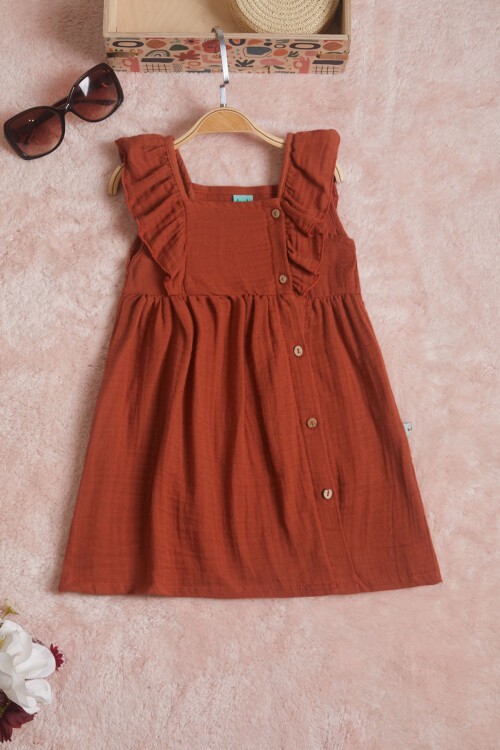 Kahverengi Kolsuz Düğmeli Kız Çocuk Elbise 15595