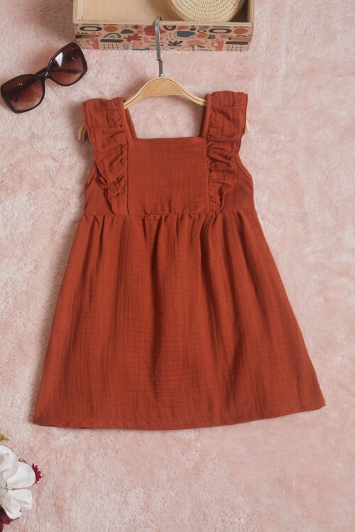 Kahverengi Kolsuz Düğmeli Kız Çocuk Elbise 15595