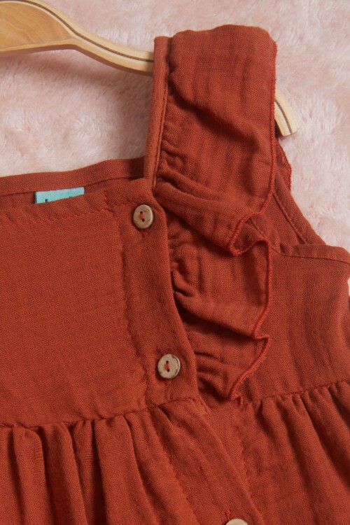 Kahverengi Kolsuz Düğmeli Kız Çocuk Elbise 15595