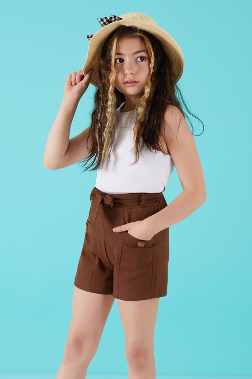 Kahverengi Kuşaklı Düğmeli Kız Çocuk Şort 15653