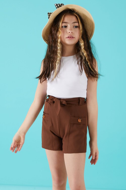 Kahverengi Kuşaklı Düğmeli Kız Çocuk Şort 15653