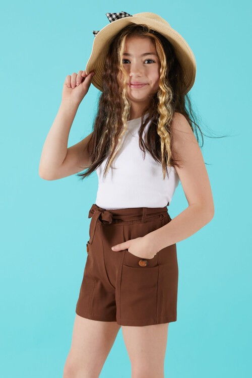 Kahverengi Kuşaklı Düğmeli Kız Çocuk Şort 15653
