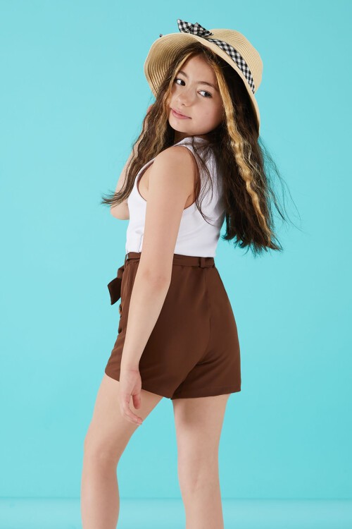 Kahverengi Kuşaklı Düğmeli Kız Çocuk Şort 15653