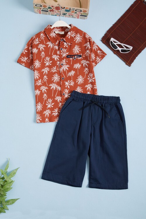 Kahverengi Palmiye Baskı Gömlekli Şortlu Erkek Takım 15642